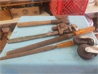 WHEELS FOR A CART, PIPE WRENCH, TOMAHAWK,  2