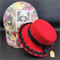 Cappelli Red Felt Hat with Black Lace and Hat Box