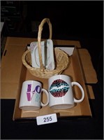 (2) Coffee Mugs, Basket, Ceramic Photo Frame