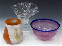 (3) CONTEMPORARY ART GLASS VASES & BOWL, SIGNED