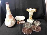 (2) Glass Candlesticks, Art Glass Vases &