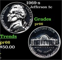 Proof 1969-s Jefferson Nickel 5c Grades GEM+ Proof