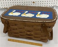 Nice picnic basket w/ painted ducks on lid
