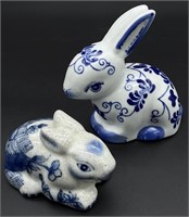 2 Porcelain Blue & White Rabbits