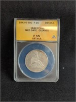 1842-O 50 CENT MED DATE, GRADED HALF DOLLAR