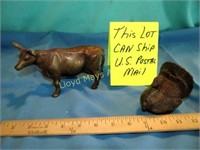 Cast Iron Turkey & Solid Brass Cow Figures