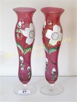 Pair of Painted 10" Cranberry Glass Flower Vases