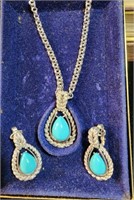 Avon Blue teardrop necklace & clip earrings, 1972