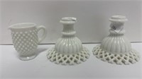 (2) milk glass candlestick & cream pitcher,