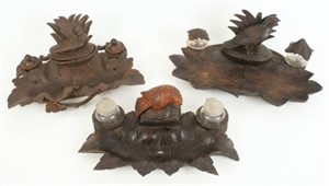 (3) Black Forest Carved Ink Wells w/ Trays