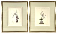2 Framed Embroidery on Silk Vases w Flowers