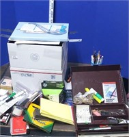 Box of School and Office Supplies.