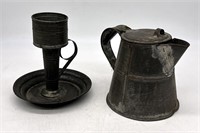 Antique Pewter Oil Lamp Filler, Lidded Pitcher