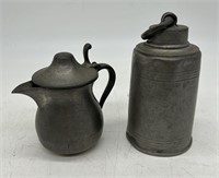 Antique Pewter Lidded Flask, Pitcher w/Hinged Lid