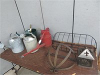 4 METAL WATERING CANS,2 PLANTERS & CANDLE LANTERN