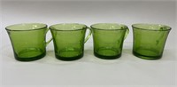 4 French Duralex Green Glass Mugs w/Handles