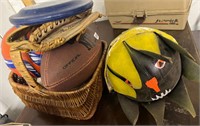 Basket w/Football, Glove, Soccer & Softballs