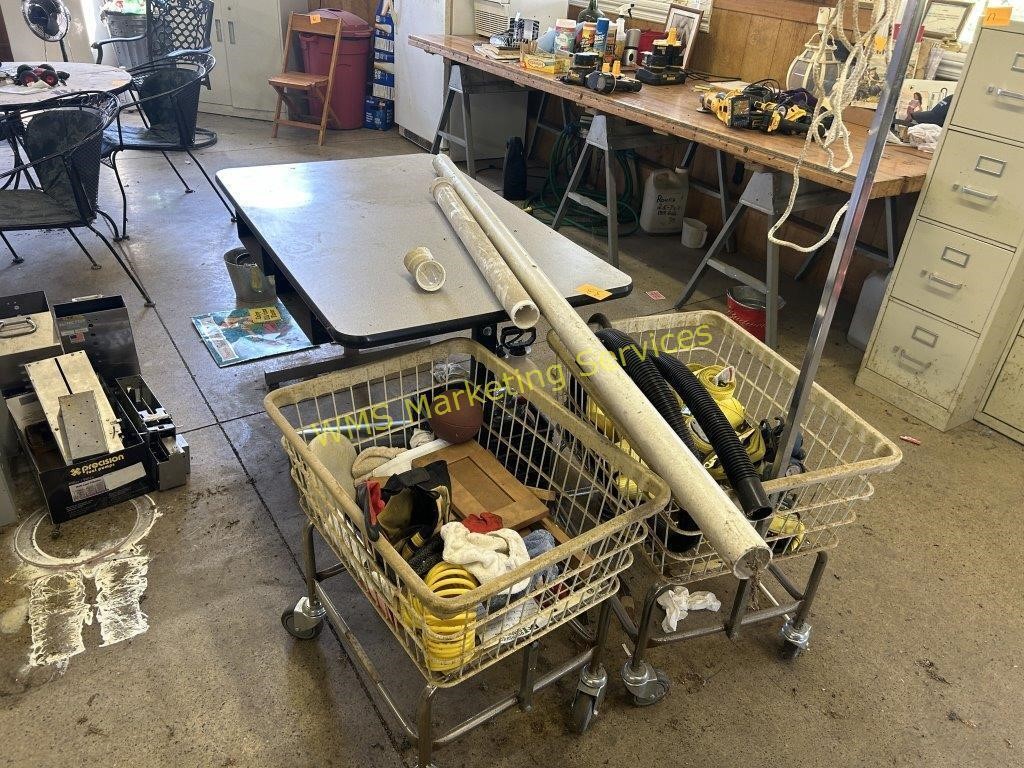 Table, 2 Laundry Mat Carts & Contents