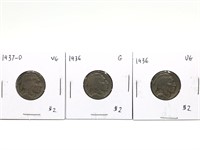 Three Vintage Buffalo Nickel coins graded