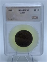 1853 LARGE ONE CENT - GRADED N-24/BROWN AU-50