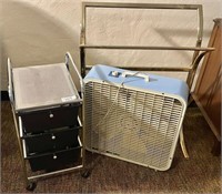 Box fan, metal quilt rack, rollaround organizer