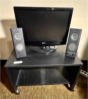 19" LG TV, Logitech speakers, small TV stand
