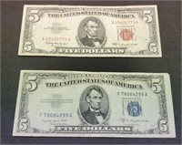 1953 $5 Silver Certificate Note & 1963 $5 Red