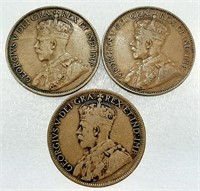 3 pièces GROS SOUS 1¢ CANADA 1912, 1914 et 1918