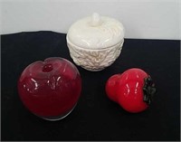 Glass fruit, heart-shaped vase and Hallmark