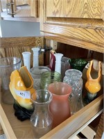 VASE COLLECTION AND GLASSWARE IN CABINET