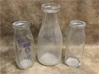 Three Vintage Milk Bottles tallest is 7.5"