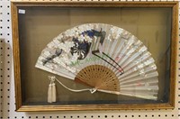 Framed Chinese silk fan - painted silk wood base