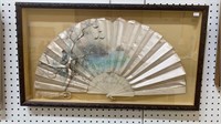 Framed antique silk fan - hand painted bird in a
