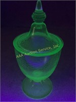 Uranium crackle glass candy dish with lid