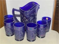 Imperial Cobalt Carnival Glass Pitcher & Cups