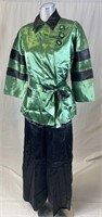 Art Deco Emerald Green and Black Satin Pajamas