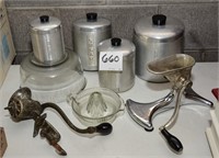 Vintage kitchen, grinder, cannisters, etc.