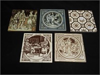 Five Minton tiles, four are brown and white, one