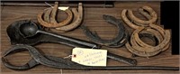 Antique blacksmith tongs 2 ladles 12 horseshoes