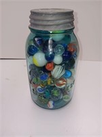 Blue Glass Canning Jar of Glass Marbles