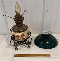 Footed lamp with green glass shade - needs some