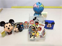 Assorted Mickey mouse collectibles. Bike lock,