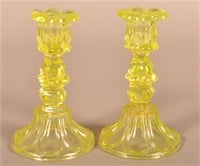 Pair of Pittsburgh Vaseline Flint Glass Candlestic