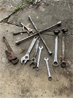Assortment of tools-wrenches, pipe wrench vice