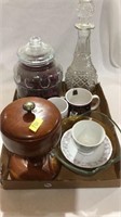 Glass jar, decanter, cup & saucer, wooden dish,