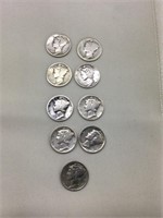 Nine Pre-1940 Silver Mercury Dimes