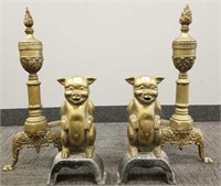 2 sets of brass andirons, pigs dated 1946 14" and