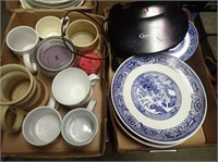 (2) Boxes w/ Plates, Saucers, Mugs, Elec. Grill,