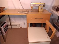 White Sewing Machine w/ Cabinet & Storage Chair