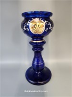 Bohemian Blue Glass Vase W/Gold Overlay 9 1/4"H